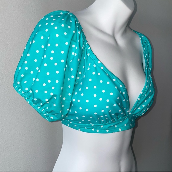 Polka Dot Swimsuit Puff Sleeve Top, Turquoise & White - Picture 2 of 6